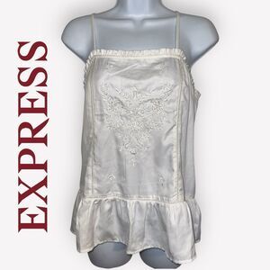Express White Floral Embroidered With Beading Camisole Tank Ruffle Hem NWT $60 M